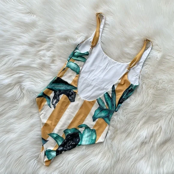 Tropical Leaf Print One Piece Swimsuit - Picture 3 of 5